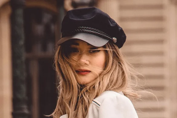 Blonde woman staring into camera
